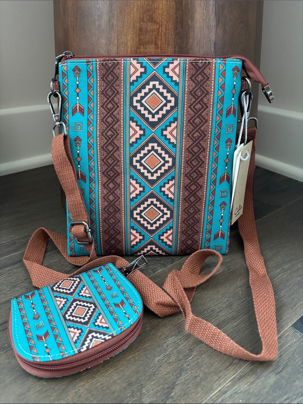 Calin Collection Aztec print,slim crossbody w/9 card/change purse
